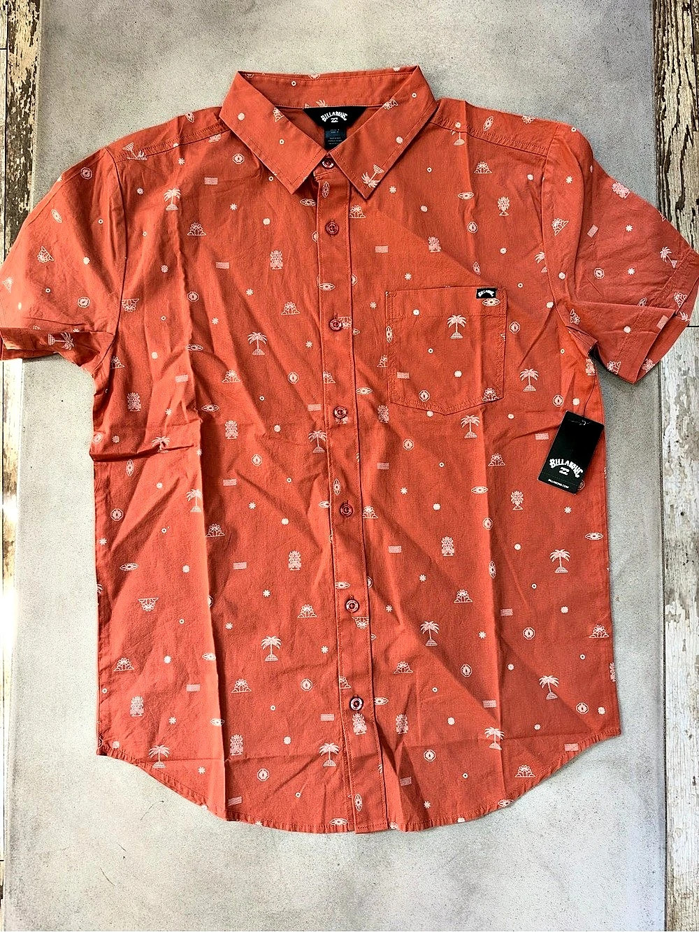 NWT Billabong Sundays Short Sleeve Woven Shirt Orange Men's Size S Palm Print
